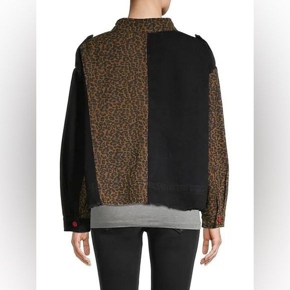 Saks Fifth Avenue Lea & Viola Leopard Denim Jacket Large Black Brown - Picture 5 of 10